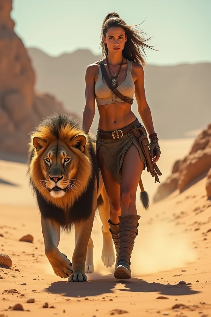 a beautiful barbarian girl with detailed facial features, large breasts, and curvaceous hips, walking through a rocky and cliff desert landscape under the scorching sun, with a fierce black lion nearby, (best quality,4k,8k,highres,masterpiece:1.2),ultra-detailed,(realistic,photorealistic,photo-realistic:1.37),detailed eyes,detailed lips,extremely detailed face,longeyelashes,hyper realistic,highly detailed skin,desert,sun,lion,walking,intricate details,vibrant colors,dramatic lighting,cinematic composition