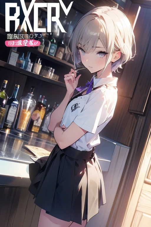 (from below:1.1,Best Quality),a girl , platinum color hair、(from above:1.2,Best Quality),a girl , platinum color hair、bartender uniform,Purplish blue eyes that dreamers desire, small stature, medium , Lori face, (masutepiece:1.2, Best Quality), (finely detailed beautiful eye: 1.2), (beautifull detailed face), (perky chest:1.2), (pointed chest:1.1), (bratender magazine cover:1.5)，(Best Illumination, extremely delicate and beautiful), sexy pose,make a coffee , in a bar counter, morning light, Short bob hair（1:3）,Ultra Contrast、Braid a little around the ears, black bartender uniform dress、Sexy and qute pants、You can't see inside your underwear,mocking look、nffsw,Arms crossed、grab the arm、Shoot 、breastuscular pussy、little Pubic hair,high-level image quality、hightquality、8K,perfect hand、5 fingers、finger pin、Perfect Finger,noise cut、Her hair color should have been a brighter blue,(The bartendre skirt dress part is also carefully expressed:1.4)、the skirt is floating in the wind:1.2、Dark purple panties,(with sparkling eyes and a contagious smile),open mouth, highest quality, high resolution,Real World, Natural light,perfect Natural light, Looking at Viewer,