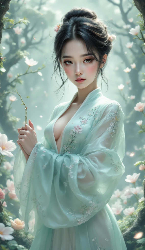 loose outfit、Show shoulders、How to wear a gown with a broken see-through halter neck、Decorated with intricate patterns and bright colors、Transparent material that makes the skin shine、Artistic depiction of seductive woman in gown with wet thin cloth and transparent skin, Floral and fantastic pattern with flowing silky traditional see-through skin。Her dress draped elegantly around her curvaceous figure、Emphasizes her charming silhouette。She's a gentle fireworks night、Dynamic Posing、Sexy Posing、bathed in the soft glow of moonlight。The scene is、With a hint of mystery and sensuality、It exudes an ethereal dreamy atmosphere。The image style is、Incorporates a blend of watercolor and digital illustration techniques.、It makes you feel delicate beauty and charm。Soft moonlit lighting、Cast gentle highlights and shadows on her mesmerizing features。Dynamic Posing、Bold poses、The hand is somewhere、see -through、show through、A sexy、Wet hair、Wet、cherry trees、flower petals、cherryblossom、The cherry tree、Sakura blizzard、buried、Transparent skin、Wet clothes、Chest Pulling、Translucent clothes、On the water、