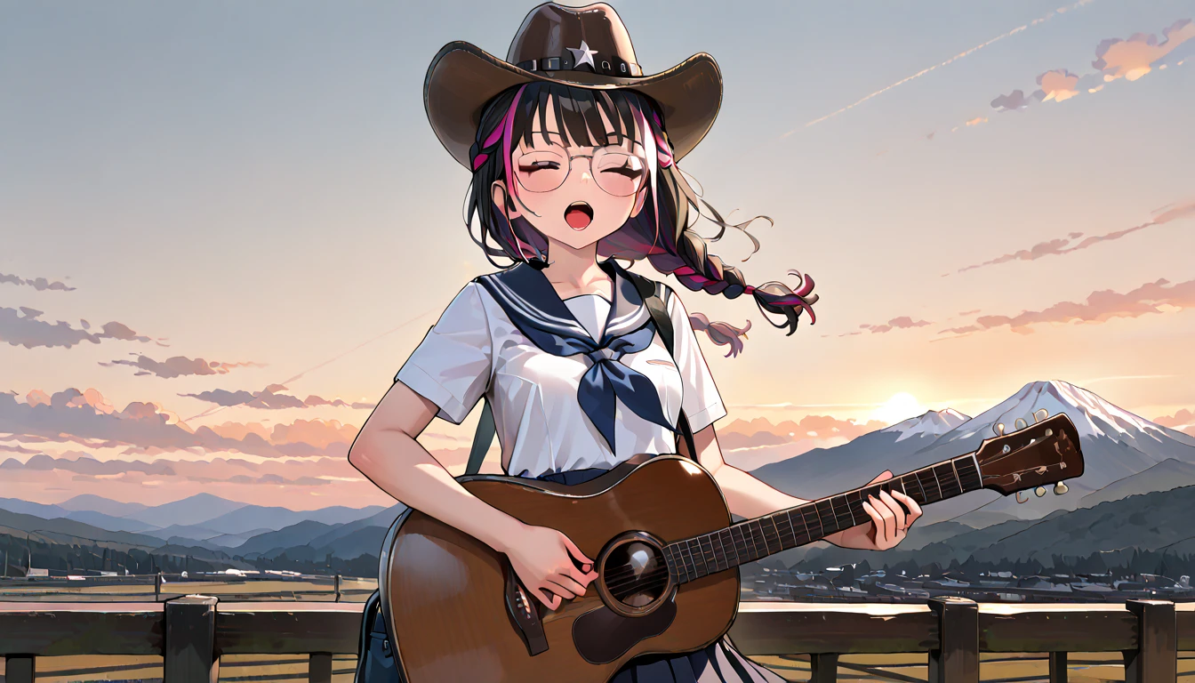 
((top quality)),((masterpiece)),((perfect face)),(ultra-detailed),ultra high res, 8k, 1girl,  solo, braided hair, glasses, streaked hair, school uniform, schoolbag, mountain peak, cowboy hat, singing, acoustic guitar, exquisite, (very aesthetic:1.2), (absurdres:1.2), (detailed background),newest, perfect anatomy, 