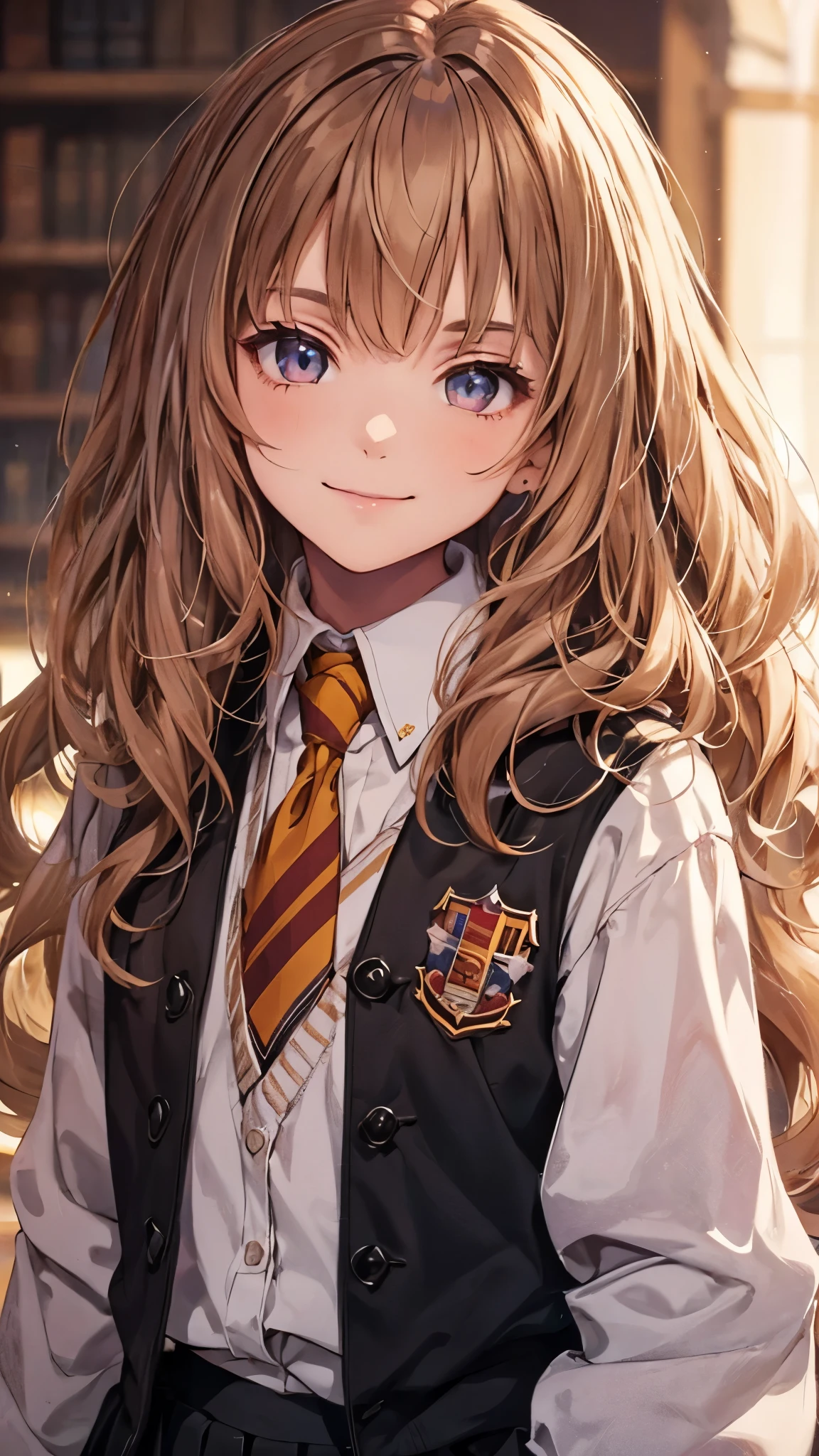 1girl, hermione ,smile,upper body,(flat chest,chibi),long hair,wavy hair,messy hair,white Collared shirt,necktie,sweater,skirt,black coat,masterpiece,Noise Reduction,perfect anatomy,high resolution, ultra-detailed, ultra-detailed face,game cg,dutch angle ,beautiful detailed eyes,visualart,five fingers, perfect hands, perfect lighting,