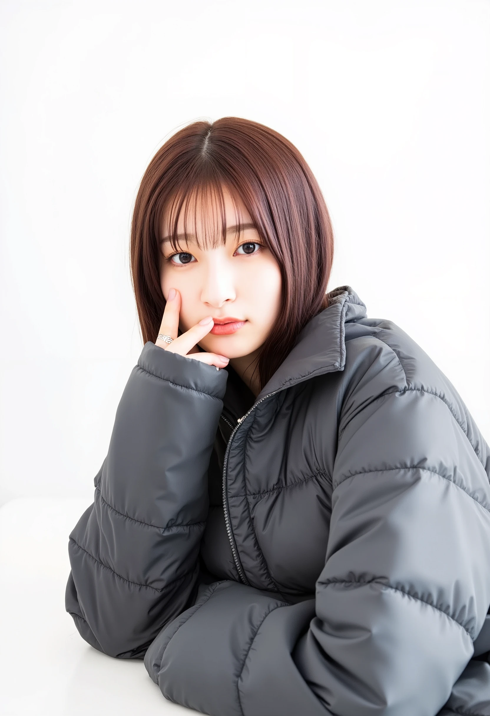 young Japanese woman、Yoshikawa Ai、 ear piercing、 black hair、 black down jacket、 trainer、smile、 beautiful alignment of teeth、 ear piercing、 white background 、 upper body
