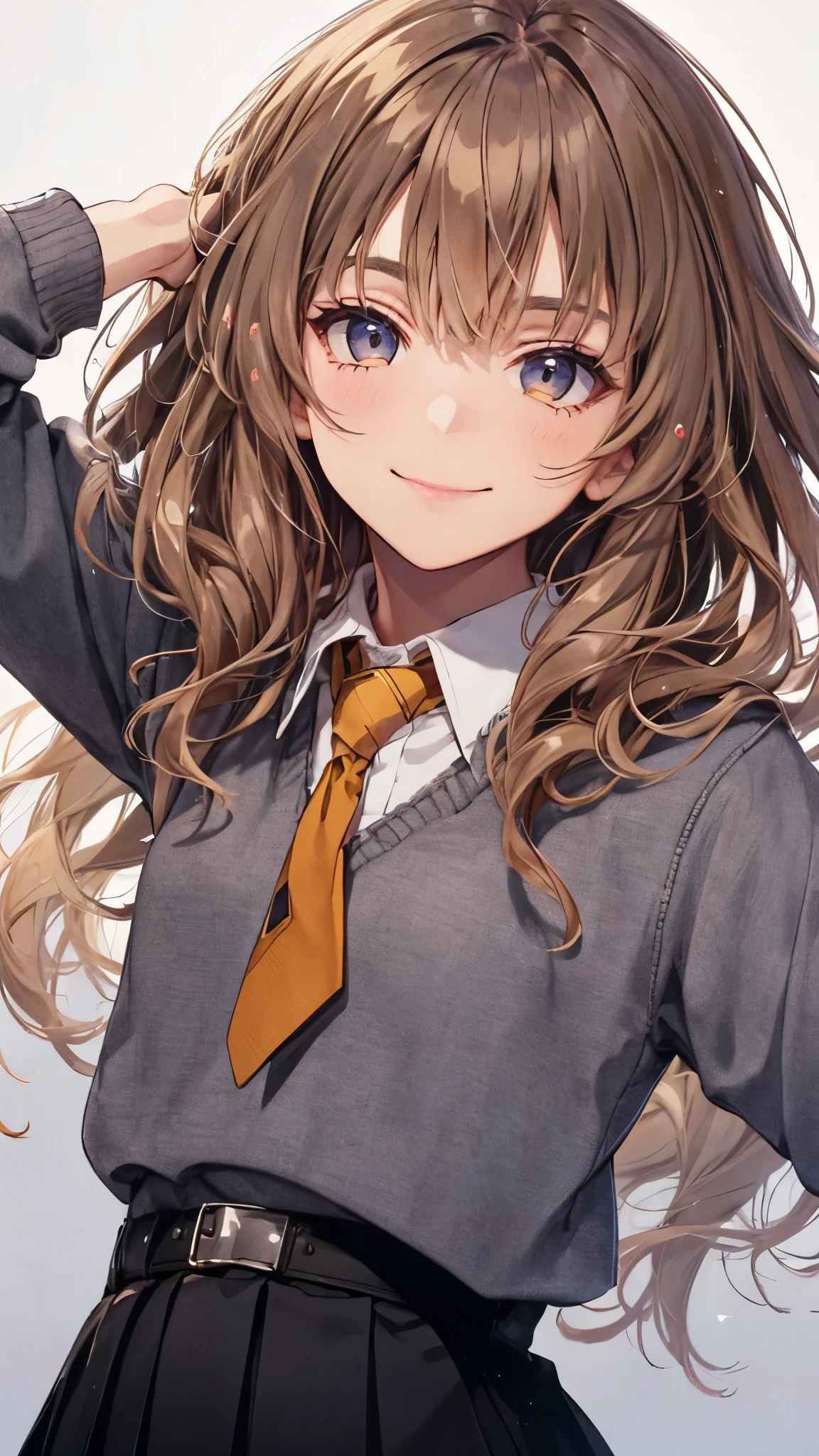 1girl, hermione ,smile,upper body,(flat chest,chibi),long hair,wavy hair,messy hair,white Collared shirt,necktie,(gray sweater),skirt,black coat,masterpiece,Noise Reduction,perfect anatomy,high resolution, ultra-detailed, ultra-detailed face,game cg,dutch angle ,beautiful detailed eyes,visualart,five fingers, perfect hands, perfect lighting,