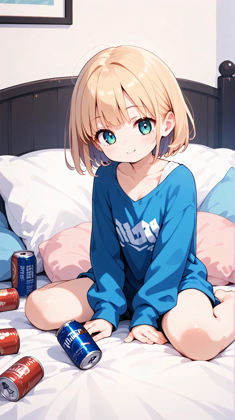 ブラックヘア, a young girl holds a can in each hand while sitting on her bed, 1girl, can, solo