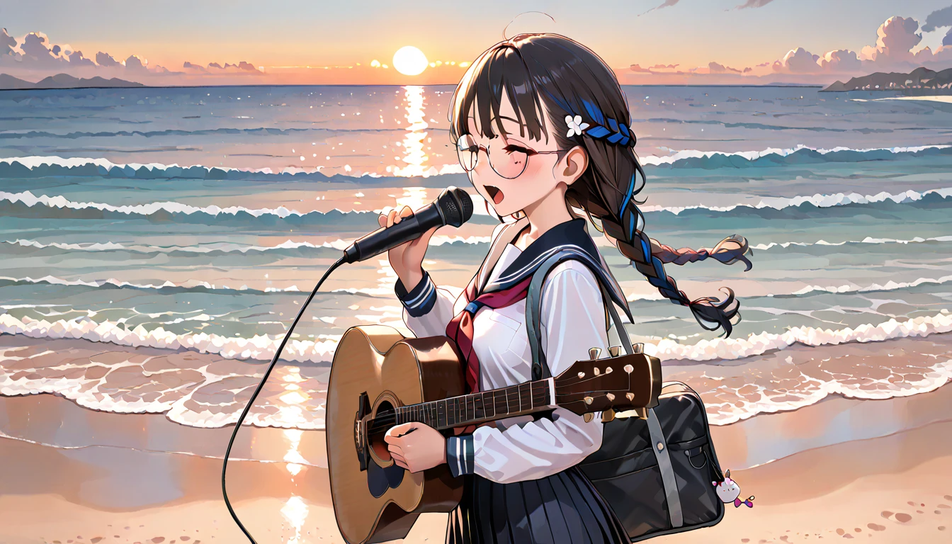 ((top quality)),((masterpiece)),((perfect face)),(ultra-detailed),ultra high res, 8k, 1girl,  solo, braided hair, glasses, streaked hair, school uniform, schoolbag, beach, sunset, ocean waves, singing, acoustic guitar, exquisite, (very aesthetic:1.2), (absurdres:1.2), (detailed background),newest, perfect anatomy,