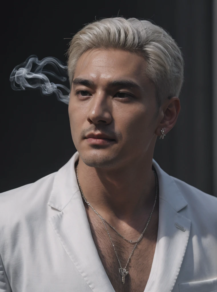 (8k photo, best quality, masterpiece:1.2),(realistic, photo-realistic:1.37) young ,handsome man, Mark Tuan, Got7, white skin, detail face, grey bright eye, white hair, black suit, bad boy, yakuza, tattoo, smoke cigarrate, a lots gangster night town in backdrop, action pose, skull earring, necklage,