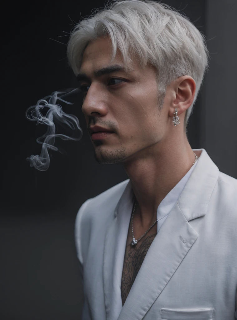 (8k photo, best quality, masterpiece:1.2),(realistic, photo-realistic:1.37) young ,handsome man, Mark Tuan, Got7, white skin, detail face, grey bright eye, white hair, black suit, bad boy, yakuza, tattoo, smoke cigarrate, a lots gangster night town in backdrop, action pose, skull earring, necklage,