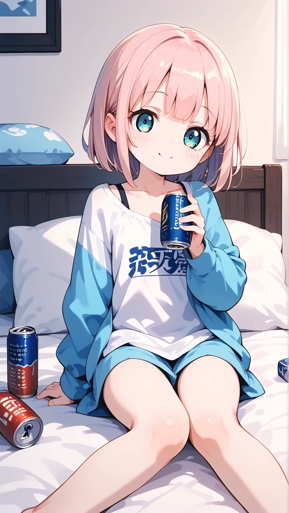 ブラックヘア, a young girl holds a can in each hand while sitting on her bed, 1girl, can, solo