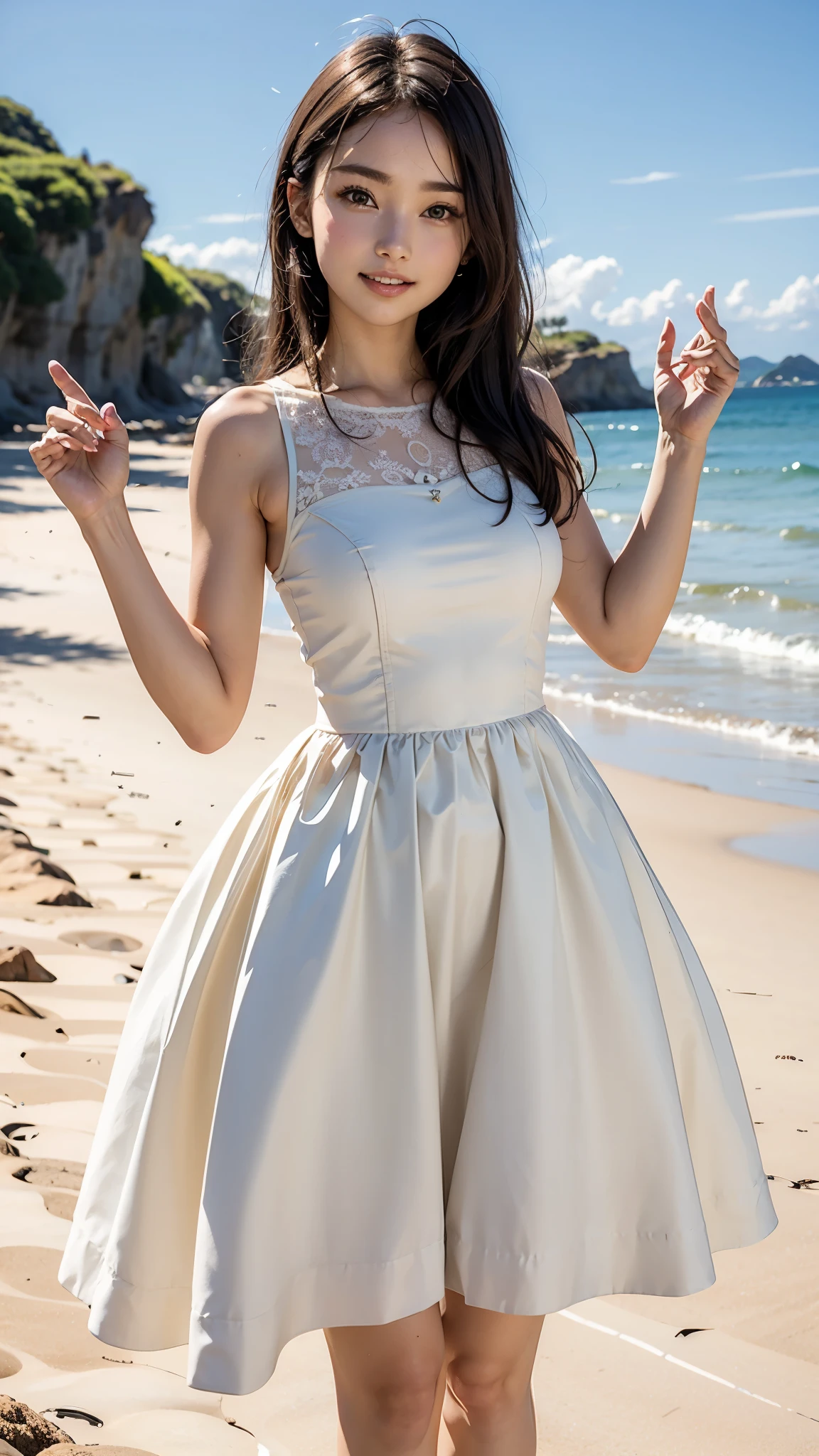  masterpiece  ,  top quality ,   Details ,  dress ,  standing ,  raise your hands  , side ,   from the front   ,  beach 