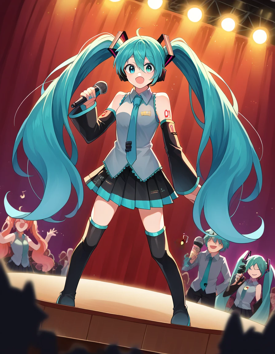  score_9,  score_8_up,  score_7_up,  source_Anime,
 Hatsune Miku , Miku Hatsune,  , Aqua Eyes,  aqua hair, Transverse Bang ,  hair between eyes ,  Hair Ornament,  headphones ,  long hair,  twin tails, 
aqua  ties, Black footwear, black  skirt, Black sleeves,  boots, collared  shirt,  separation sleeve, grey  shirt,  ties, pleated  skirt,  shirt,  skirt,  sleeveless,  sleeveless  shirt, thigh  boots,  tiesピン,
indoor,  stage,  stage lights, concert,  microphone, holding  microphone, audience, Singing ,
 watching viewers,  Dutch Angle ,  cowboy shot, open legs,