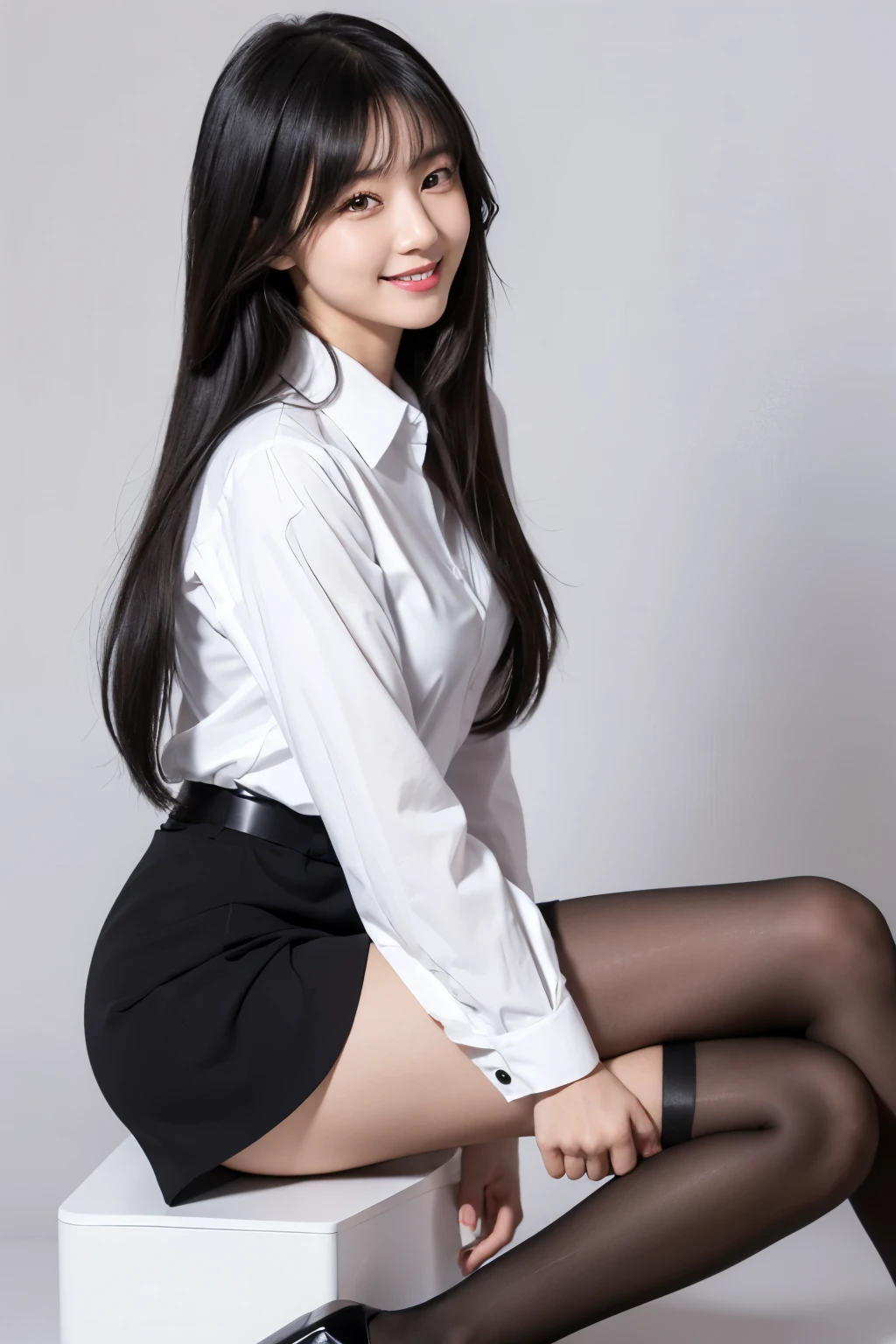 a white shirt (((masterpiece, highest quality)), no panties, 1 girl, (photorealistic: 1.4), solo, white background, black hair, long hair, absolute area, skirt, ((full body)),
