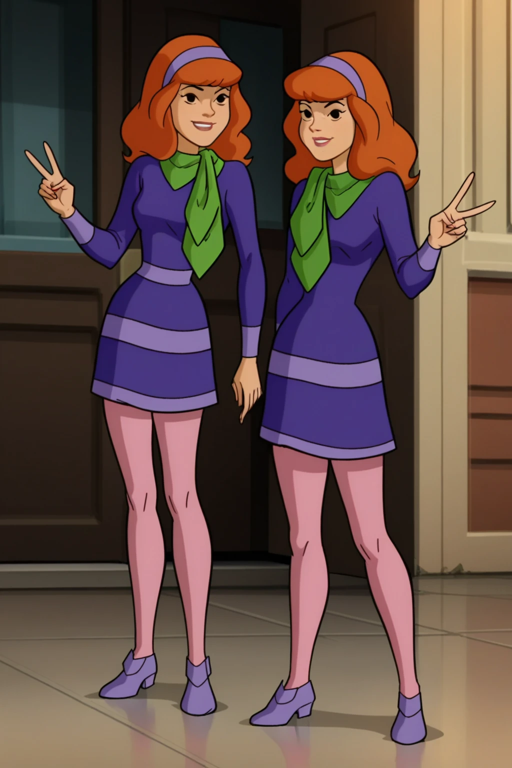 sam, totally spies, skinny, orange hair, skirt, bare shoulders, couch, two midgets, double handjob, foreskin, sitting in between