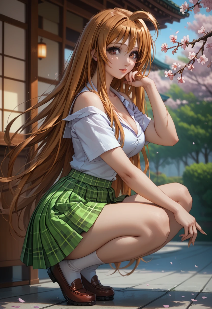 score_9, score_8_up, score_7_up, 1girl, solo, beautiful waifu, thicc, tall, mature sexy woman, (Aya Natsume, natsume aya, orange hair, long hair, brown eyes, ahoge:1.2), wearing (white school uniform, skirt, short skirt, plaid, green plaid skirt:1.1), (short sleeves, bare arms, bare shoulders:1.1), cleavage, detailed eyes, detailed face, flirt, (sexy pose:1.2), crouching, in beautiful Kyoto park, cherry blossoms, lowlight, early evening, shallow depth of field, (side view:1.2).