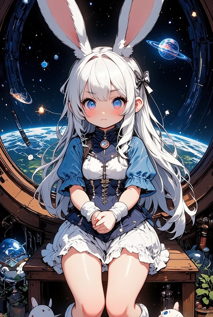 1girl, (furry, kemono:1.3), rabbit, rabbit girl, rabbit ears, arms on knees, blonde hair, blue eyes, blue shirt, earth (planet), flat shoes, hairband, hugging own legs, layered clothing, long sleeves, planet, porthole, puffy short sleeves, puffy sleeves, reflection, sci-fi shirt, shooting star, short sleeves over long sleeves, short sleeves, signature, sitting, smiling, alone, space, space colony ark, space station, star (sky), window