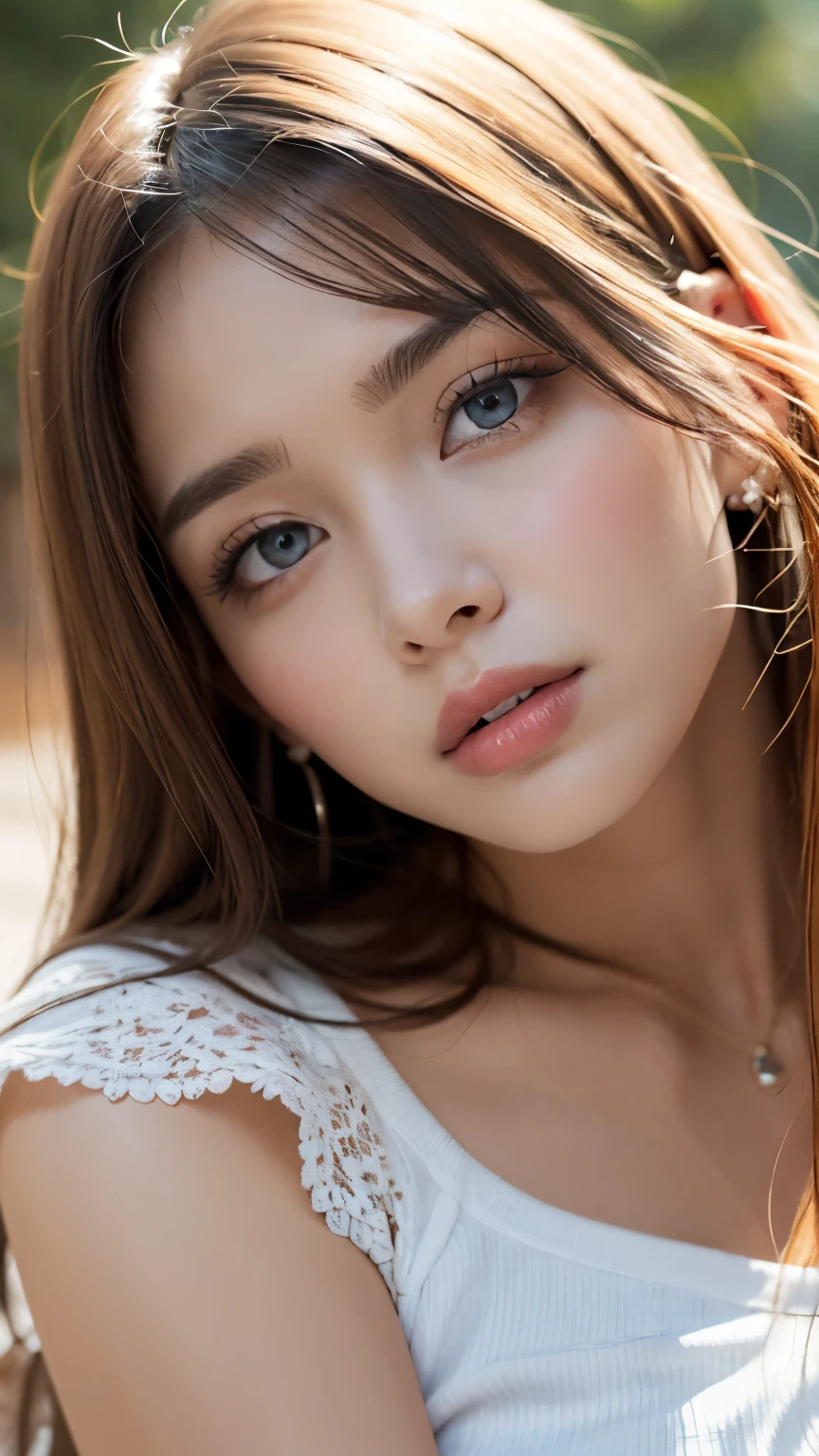 table top in front of you, top quality, shape, very detailed, finely, high definition , 8k wallpaper, 完璧なダイナミックな構shape, BEAUTIFUL AND BEAUTIFUL EYES , Women's Girl Fashion:1.1, wave hair,Huge 、 natural color lip, bold and sexy pose ,smile,Harajuku、 20 year old girl looking like a villager、cute、 staring at the camera、 waist up shot 、Outdoor soft natural light