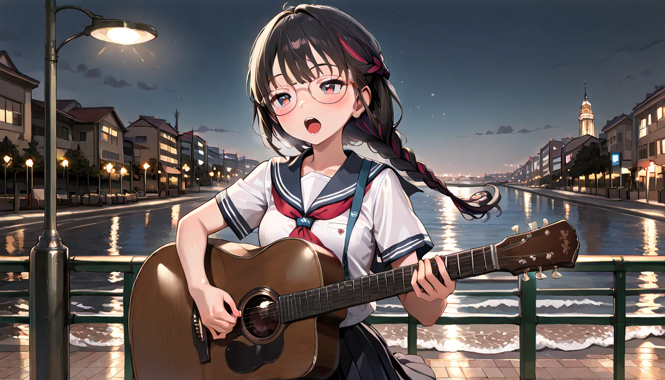 ((top quality)),((masterpiece)),((perfect face)),(ultra-detailed),ultra high res, 8k, 1girl,  solo, braided hair, glasses, streaked hair, school uniform, schoolbag, city, night, street lights, ocean waves, singing, acoustic guitar, exquisite, (very aesthetic:1.2), (absurdres:1.2), (detailed background),newest, perfect anatomy, 