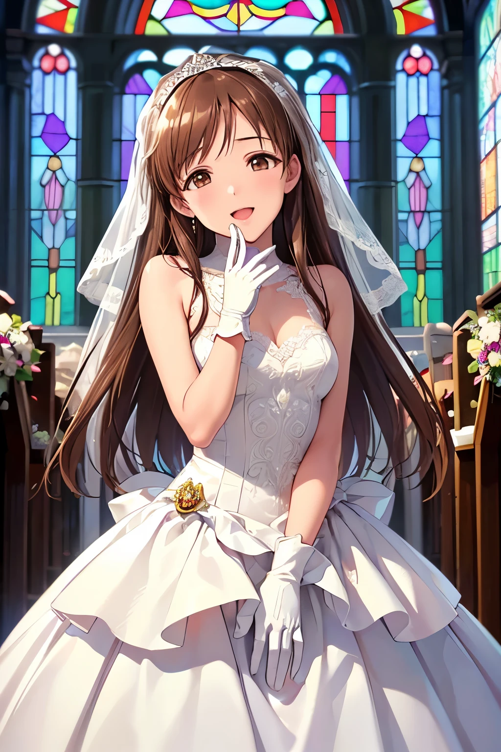  top quality、 high definition 、 high definition、 high definition 、((church、 stained glass))、(Nitta Minami、 long hair、 medium chest 、 brown hair 、 brown eyes、 glossy lips 、 growing skin、 realistic skin texture、(( white wedding dress、 gloves)))、 staring at me 、Love me、、( open your mouth and laugh)、(Very close)