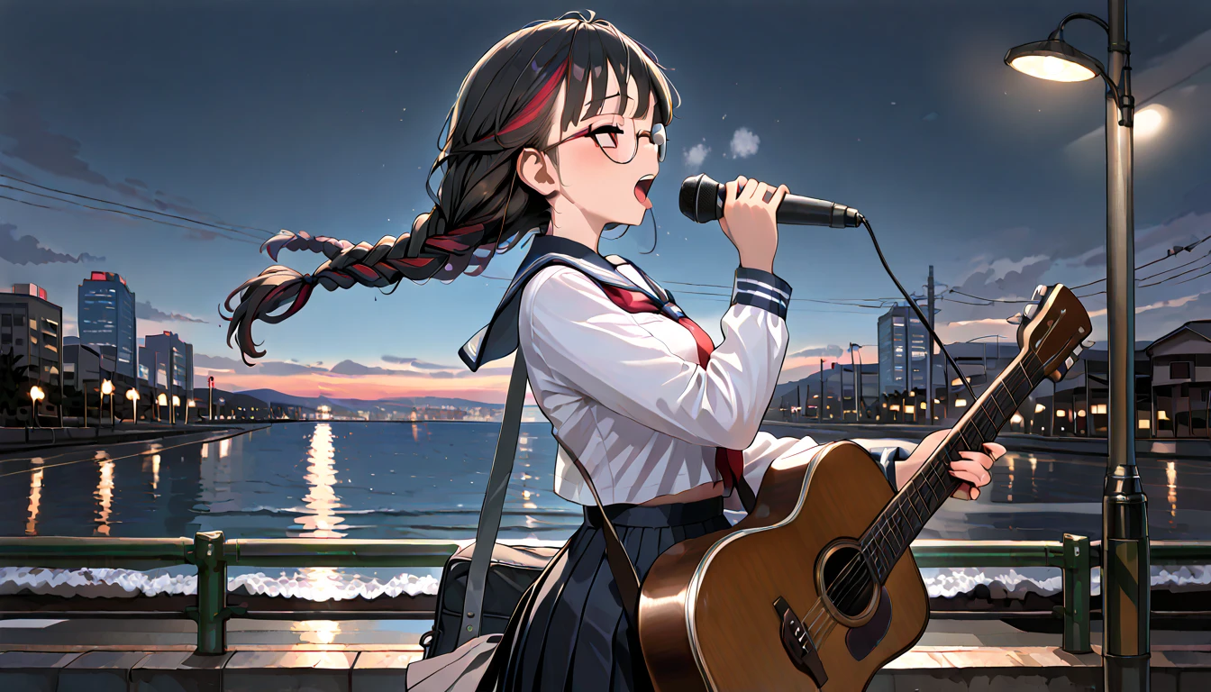 ((top quality)),((masterpiece)),((perfect face)),(ultra-detailed),ultra high res, 8k, 1girl,  solo, braided hair, glasses, streaked hair, school uniform, schoolbag, city, night, street lights, ocean waves, singing, acoustic guitar, exquisite, (very aesthetic:1.2), (absurdres:1.2), (detailed background),newest, perfect anatomy, 