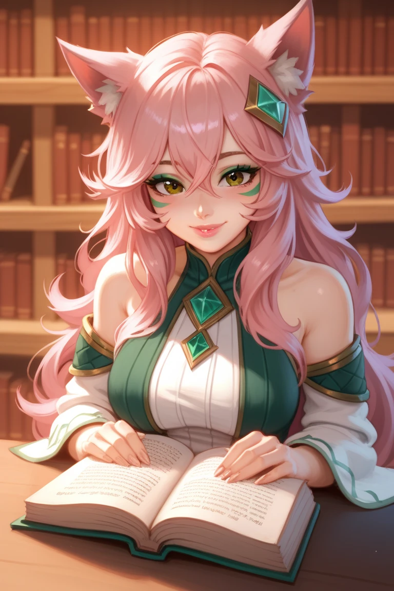 1 normal girl, 4k, HDR,  long hair, ultra cute face, beautiful lights and shadows, ultra detailed, 1girl, Solo, Breasts, Green face markings, Brown Eyes, Long Hot Pink Hair,Bangs, Hair Between Eyes, Messy Hair, Hair Over Shoulders, Wolf Dog ears, Accurate, Blush, Smile, Crystal Hair Accessories, Pink Lips, Brown Eyes, Green Eyeshadow, Green Makeup, Green Face Markings, Academic Nature Outfit, Simple background, Library, Holding Book, League of Legends, Accurate, Anatomically Correct, Detail, High Quality