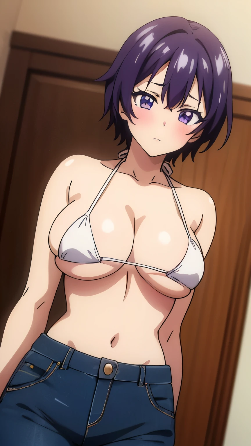 [anime styled],[official art],Tomomi_saikyou,black hair,Short hair,Hair Ribbon,NSFW,1girl in,(Portrait),close up,short torso,Perfect Lighting,nude,topless,(nipples),,anime screen cap,Flat color,cel shading,(serious),blush,(underwear:1.2), (strong light)、((brighten the subject)),oily skin,shiny skin,curby:1.2,((cute white panties)),(hand on hip) break background classroom,