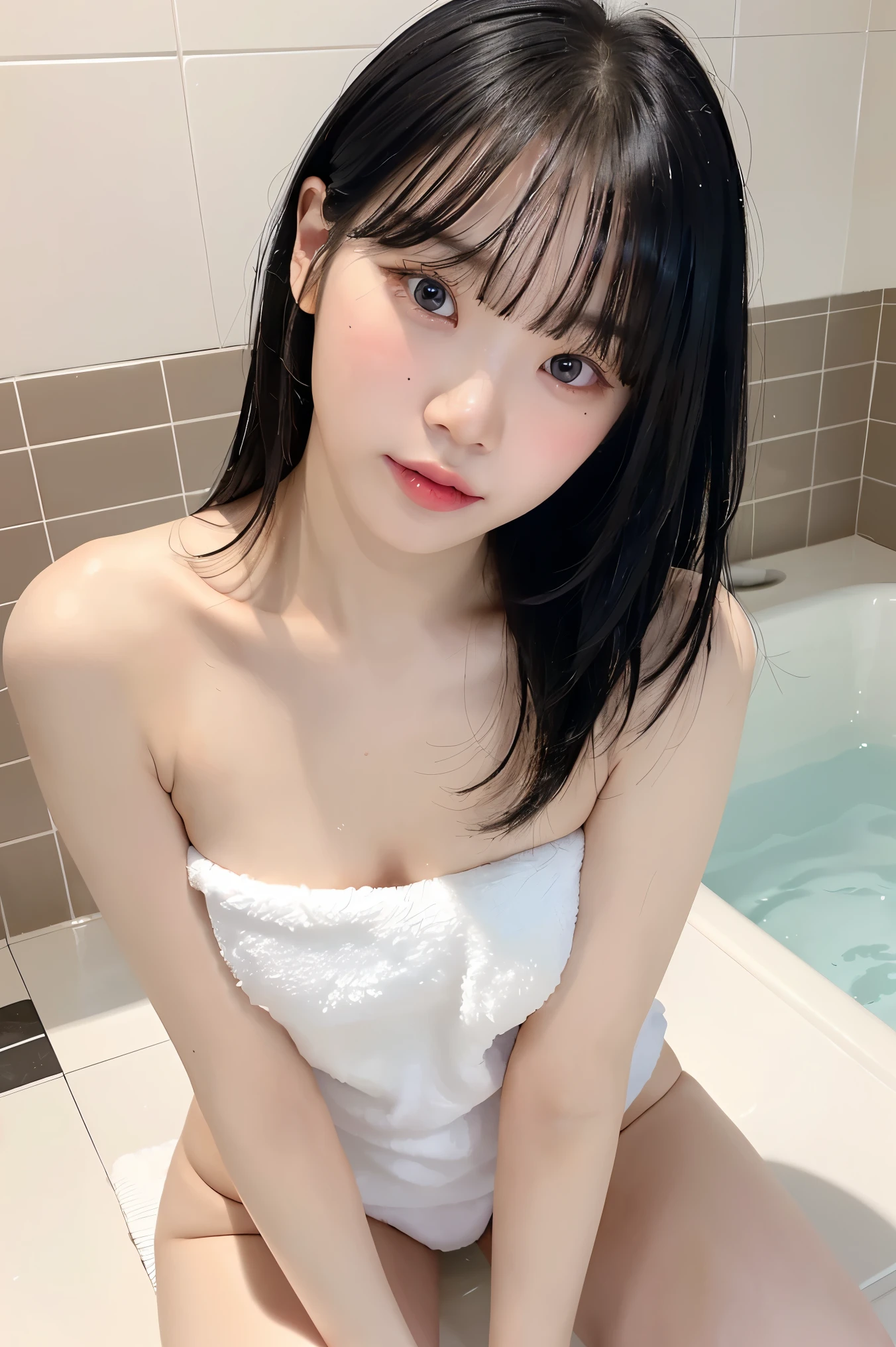 Cute idol-like face, perfect hands, Korean woman, white skin, Her hair is long and black with bangs., Reality Photography, Clear picture quality, fair skin, glowing skin, full body photo, Bathroom, Sleek and long legs, Top down view, naked towel, white towel, wet hair, wet body, bob hair, crawling position, blush