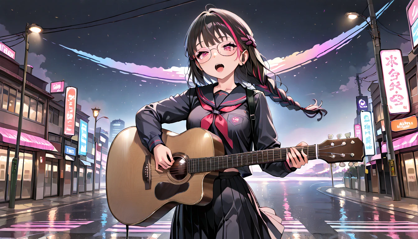 ((top quality)),((masterpiece)),((perfect face)),(ultra-detailed),ultra high res, 8k, 1girl,  solo, braided hair, glasses, streaked hair, school uniform, schoolbag, city, night, street lights, synthwave, singing, acoustic guitar, exquisite, (very aesthetic:1.2), (absurdres:1.2), (detailed background),newest, perfect anatomy, 
