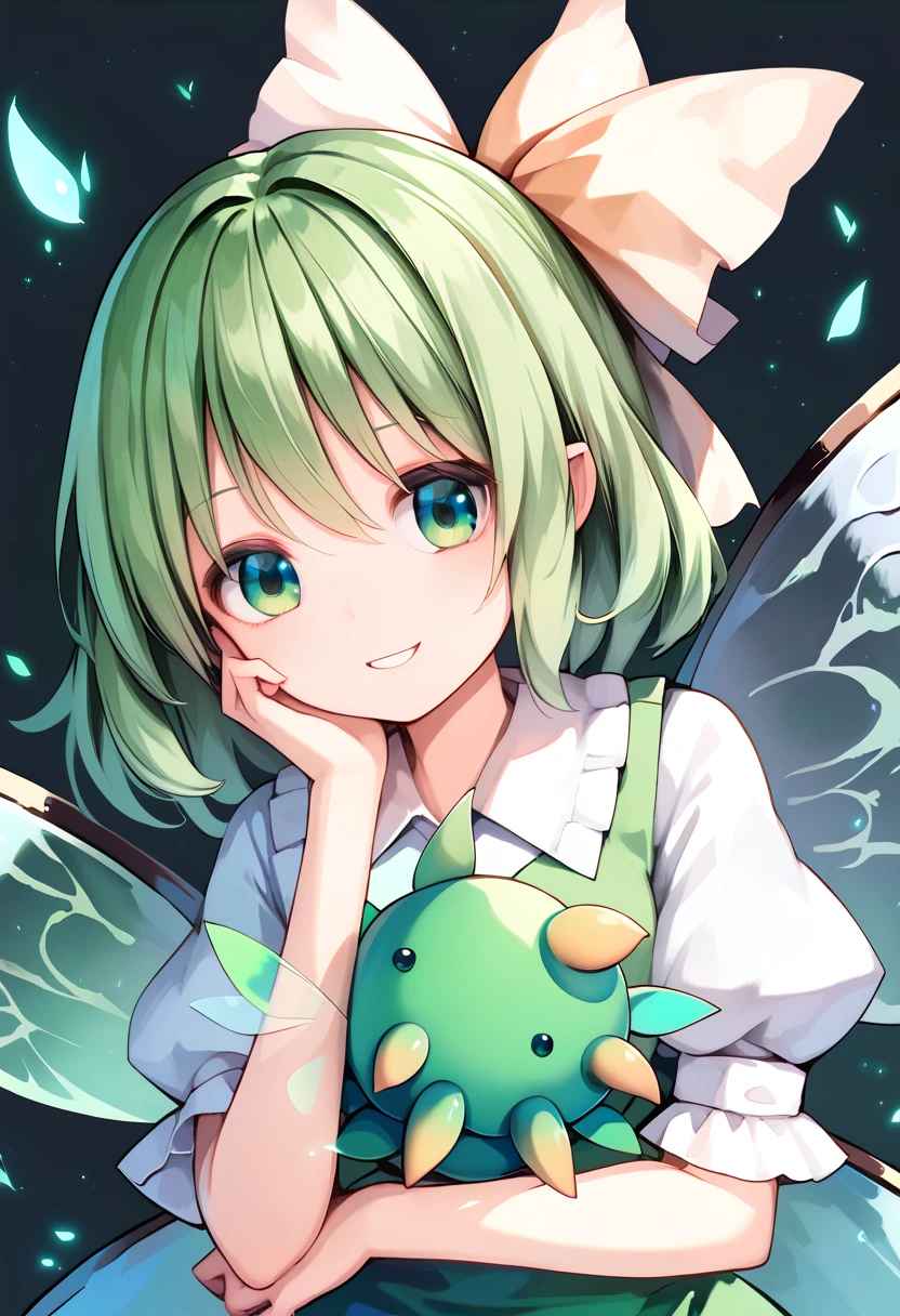 masterpiece,best quality ,ultra detailed,source_anime ,Anime style,1girl, ((High Fairy_Touhou project ))Great Fairy、Daiyousei,(green hair,),smile,innocent face,baby face,(big tits)