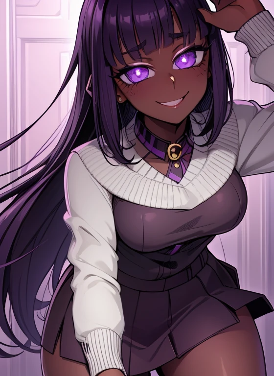 dark skin, short purple black hair, purple pupils, love in eyes, blushing, cute, smug, smile, rolling eyes, purple sweater, green necktie, short skirt, long sleeves, big breasts