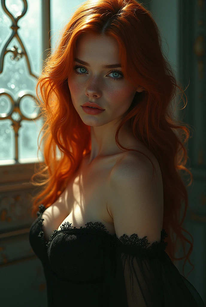 ultra realistic, photography, long red hair, girl, 24 years old, hourglass figure, perfect body, natural medium breasts, Flirty look, extremely detailed artgerm, in the style artgerm, facing the camera, lens 35 mm, blur background, masterpiece, super detailed, detailed face, beautiful eyes, detailed eyeshadow, lip details, red lipstick, full body, wavy hair, Wearing a black sheath dress, turtleneck, revealing legs, sexy legs, Wearing ultra-realistic pantyhose、