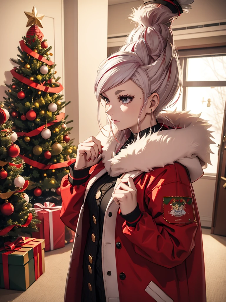 1woman, wearing a Christmas outfit with a red Christmas hat and jacket, near a indoor Christmas tree, Christmas winter season, White colour hair, Seiko Ayase's hair style, 8k, high detailed, high quality, high accuracy