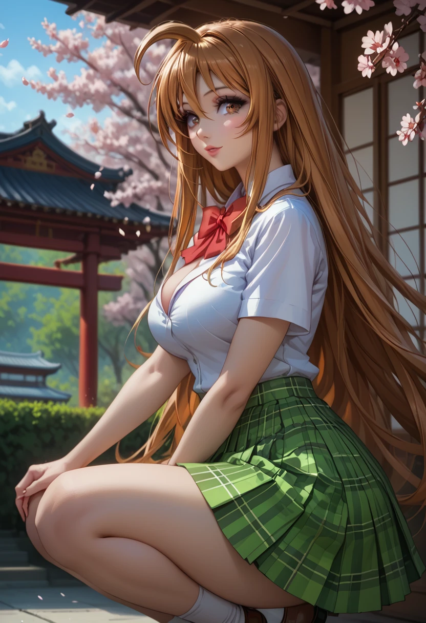 score_9, score_8_up, score_7_up, 1girl, solo, beautiful waifu, thicc, tall, mature sexy woman, (Aya Natsume, natsume aya, orange hair, long hair, brown eyes, ahoge:1.2), wearing (white school uniform, skirt, short skirt, plaid, green plaid skirt:1.1), (short sleeves, bare arms:1.1), cleavage, detailed eyes, detailed face, flirt, (sexy pose:1.2), crouching, in beautiful Kyoto park, cherry blossoms, lowlight, early evening, shallow depth of field, (side view:1.2).