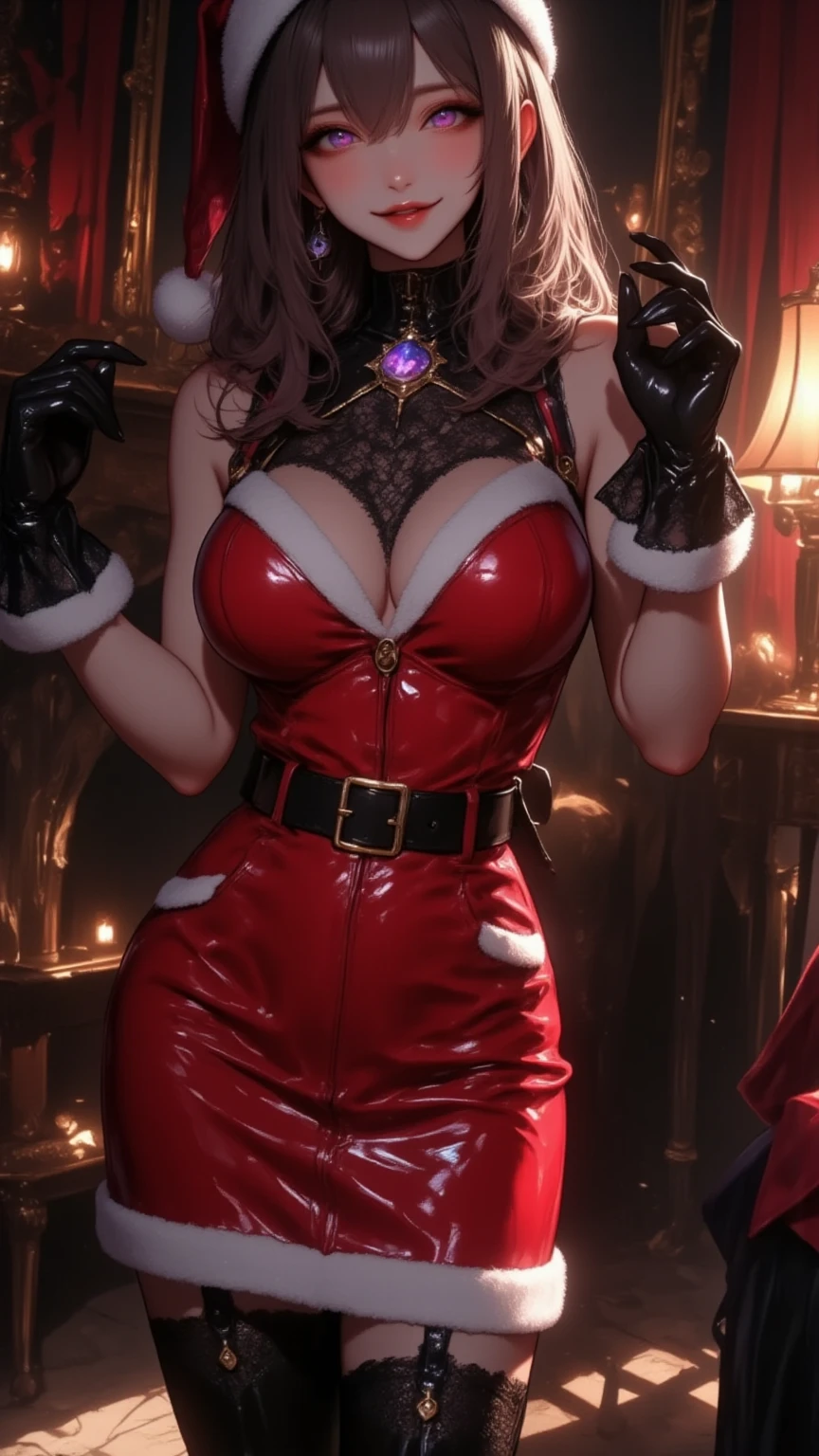  1 mature bewitching woman ,(masterpiece, top quality, very detailed depiction, Incredibly Absurd High Definition ,Curvaceous Body),(Bewitching Queen ),(red latex Santa Claus costume, pencil skirt, bodystocking,Santa hat,black lace gloves, luxury accessories ,A mysteriously shining jewel, black tights, high heels, thigh high boots ),(Purple Eyes,Crazy Eyes, Half Closed Eyes :1.5, are opening their mouths, bewitching smile, Glossy Lipstick,Beautiful legs, healthy legs,Seductive gestures), standing:2.0, full body image :2.0,Dim atmosphere,Lamplight, side view:2.0,profile:2.0