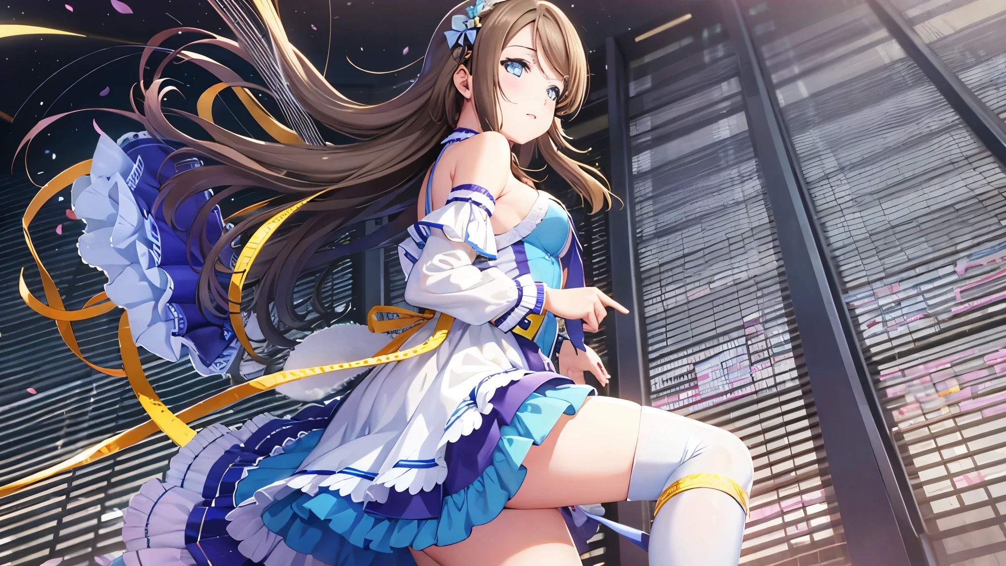 ((( perfect pixel for shoulder-length hair, Perfect Details ))), single, 1 girl in uniform, You are Watanabe , Uranohoshi , dress, Stage Love Live, sing, 、子供綿 underwear visible , underwear visible , translucent chemise 、, low angle、 panties visible