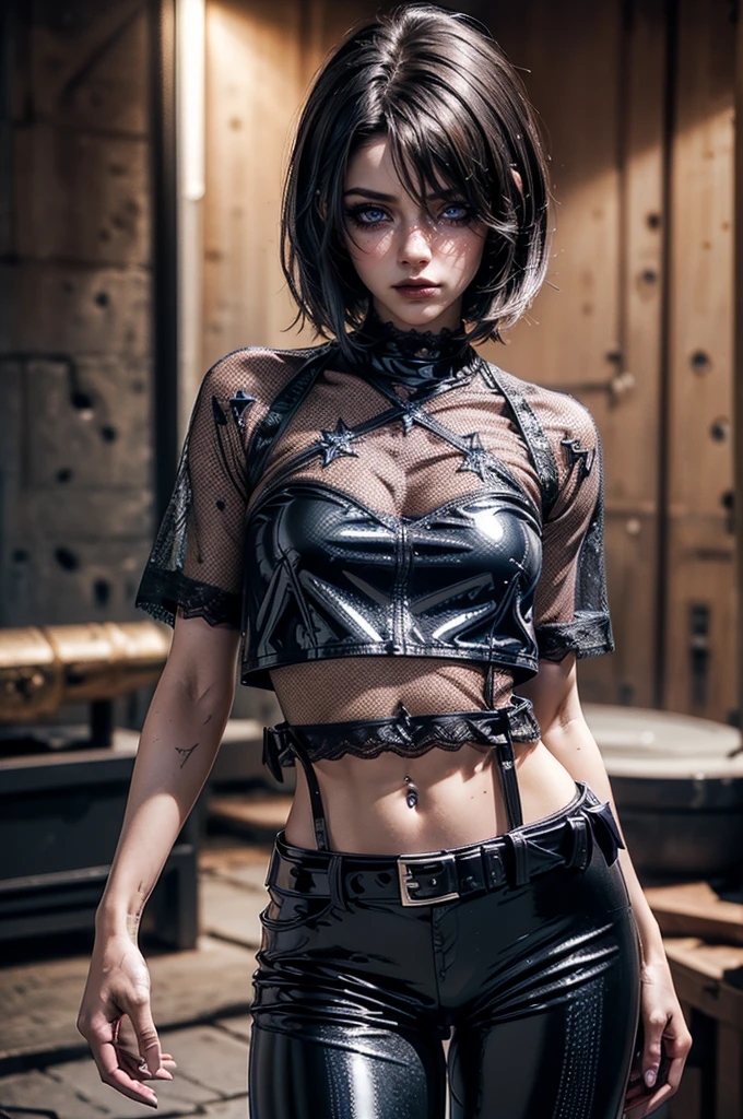 lora_Emma, perfecteyes eyes,(((cowboy shot))),a pretty 21 year old girl,back hair,short hair, hair over one eye,blue eyes,skinny body type, ((very profound rock hard abs)), ((ultra glossy and shiny latex)), (((black mesh shirt with lace))),(black latex pants), ((two wide decorative belts)), (small latex jacket), ((subtle navel piercing)), empty studio,(best quality,4k,8k,highres,masterpiece:1.2),ultra-detailed,(realistic,photorealistic,photo-realistic:1.37),dramatic lighting,cinematic,fashion photography,studio lighting,high contrast,vivid colors,beautiful detailed eyes,beautiful detailed lips,extremely detailed eyes and face,long eyelashes