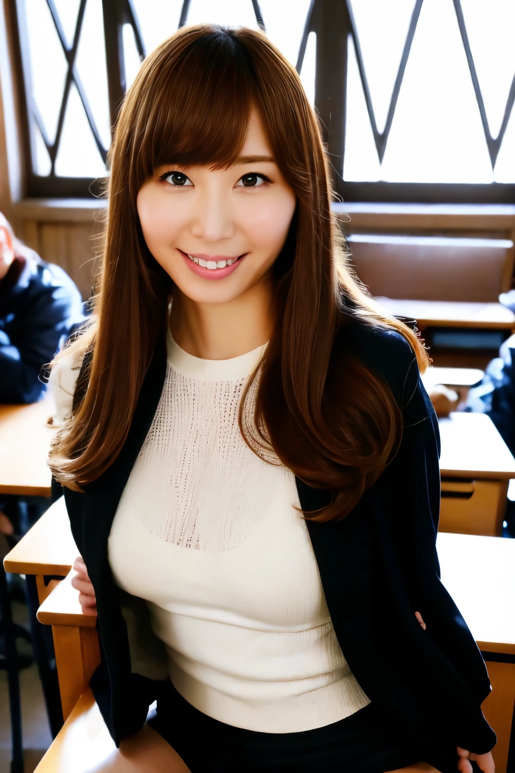  brown hair on one woman、 straight hair、With bangs、smile、 huge saggy breasts、 sexy body 、I'm wearing a whiteshirt under a black jacket、 black miniskirt、 standing in a classroom