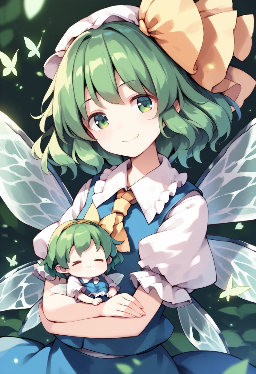 masterpiece,best quality ,ultra detailed,source_anime ,Anime style,1girl, ((High Fairy_Touhou project ))Great Fairy、Daiyousei,(green hair,),smile,innocent face,baby face,(big tits)