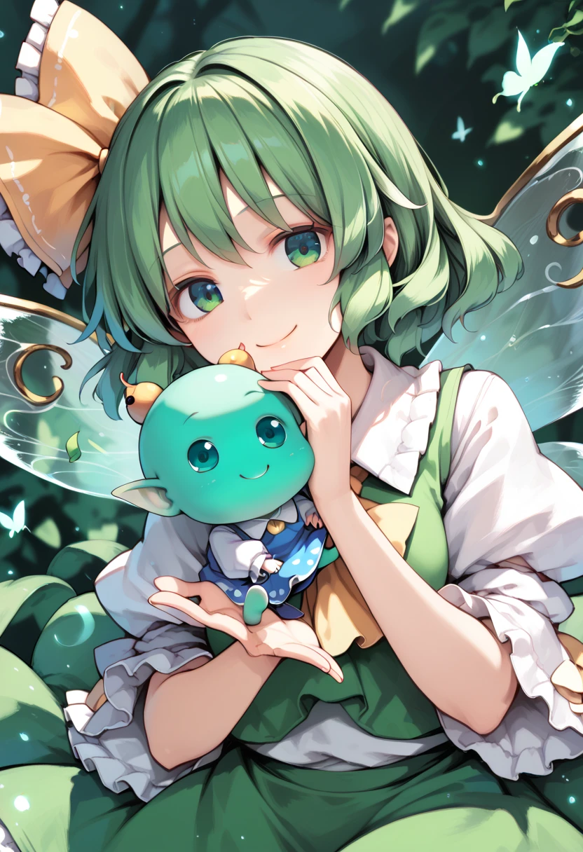 masterpiece,best quality ,ultra detailed,source_anime ,Anime style,1girl, ((High Fairy_Touhou project ))Great Fairy、Daiyousei,(green hair,),smile,innocent face,baby face,(big tits)