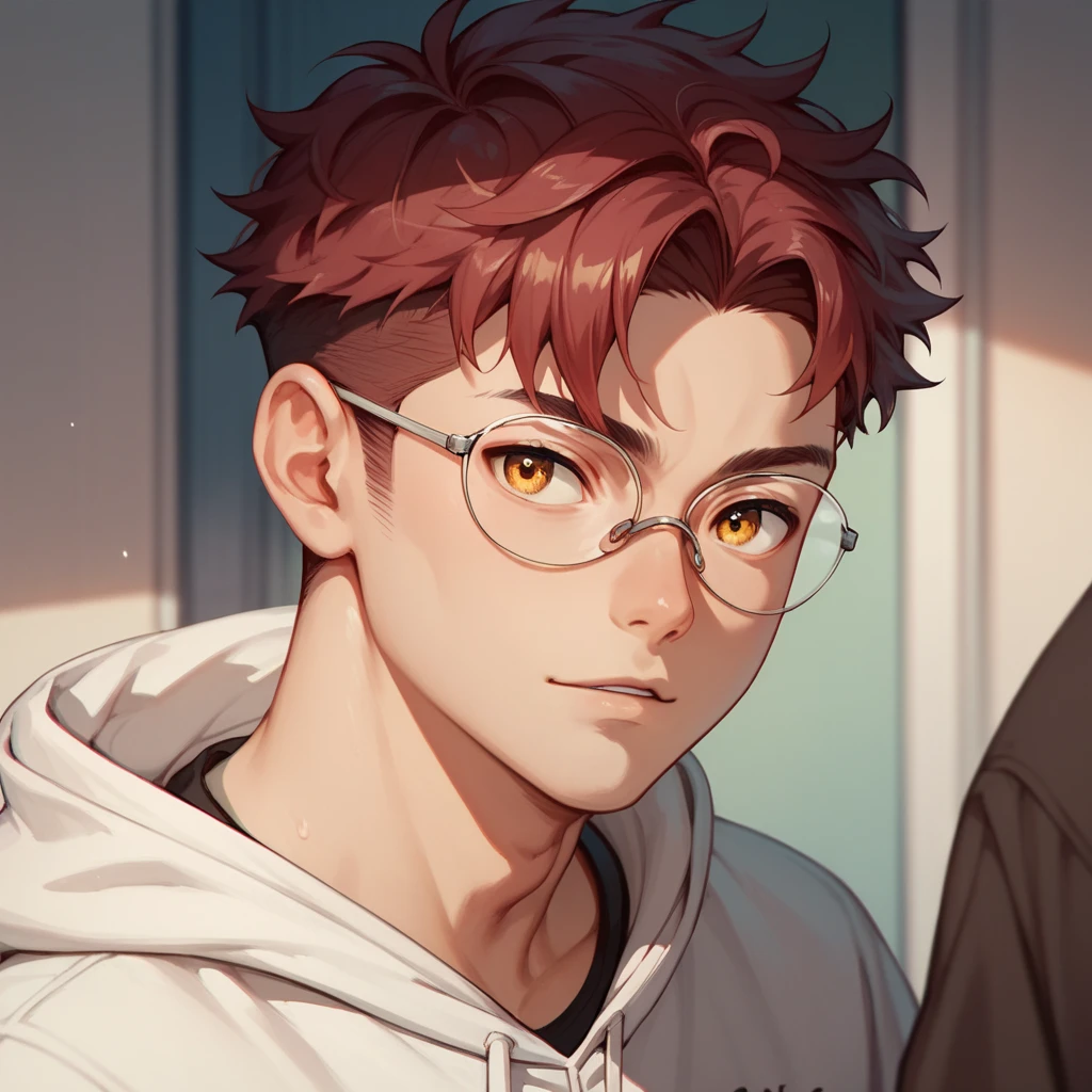 Anime style, taste, 1boy, Burgundy hair .  Amber eyes, sweatshirt 