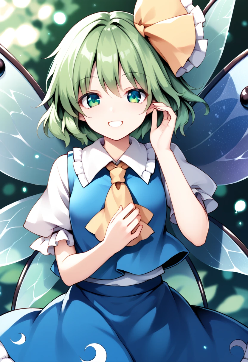 masterpiece,best quality ,ultra detailed,source_anime ,Anime style,1girl, ((High Fairy_Touhou project ))Great Fairy、Daiyousei,(green hair,),smile,innocent face,baby face,(big tits)