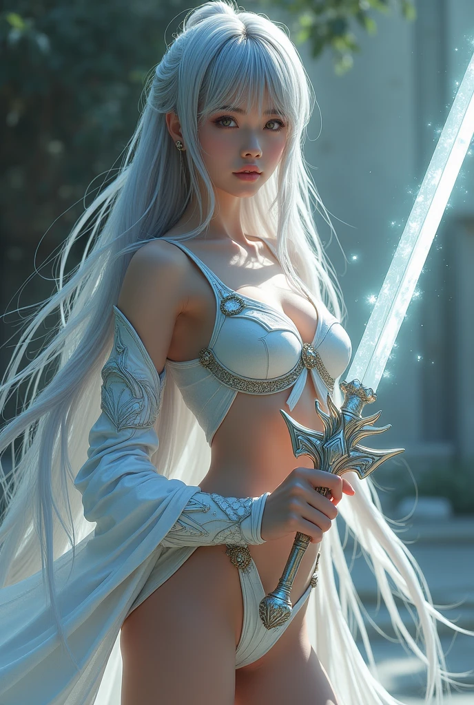 igh res,masterpiece,best quality,extremely detailed , ultra-detailed, long silky smooth hair , heroine , battle princess , silver cape , cinematic , aesthetic, small covered chest Realistic lighting, delicate face, Body perfect anatomy,Top Quality, 8K Resolution, High quality , shiny silky cape , shiny whitish silver hair, beautiful amber princess dress , princess garden background , full body , holding a weapon