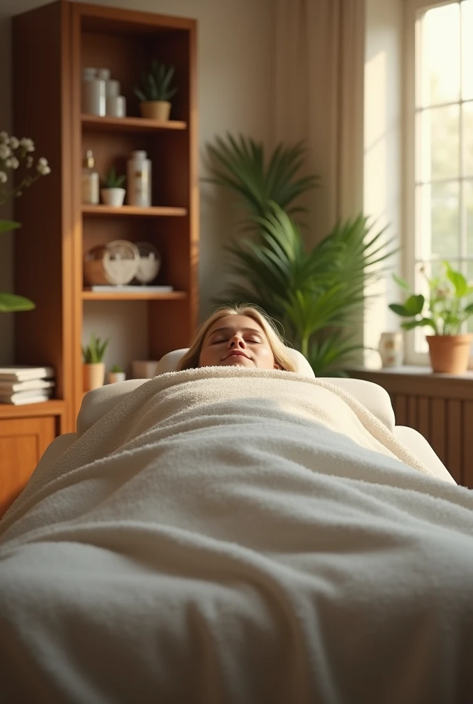 A radiant blonde woman, 32 years old, lies comfortably on a massage table in the heart of Amazonia. Her long, wavy hair cascades over the edge, framing her gentle features. Subtly closing her eyes in relaxation, she wears a thin, white linen robe, revealing a sultry, seductive smile. The skilled masseuse expertly applies soothing oils, their fragrance wafting through the dense, lush foliage. With every gentle touch, the tension melts away, revealing her perfect body, flawless hands, and a glowing complexion. Set against the backdrop of the vibrant Amazonian rainforest, the