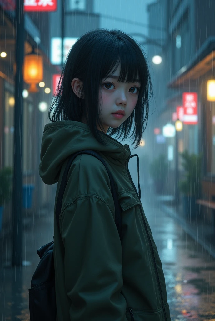 Anime girl, using brwon scholl clothes, using a umbrella in a rainy day, Los Angeles, 60s, black hair, green eyes, looking cute, shiny, aesthetic ilumination.
