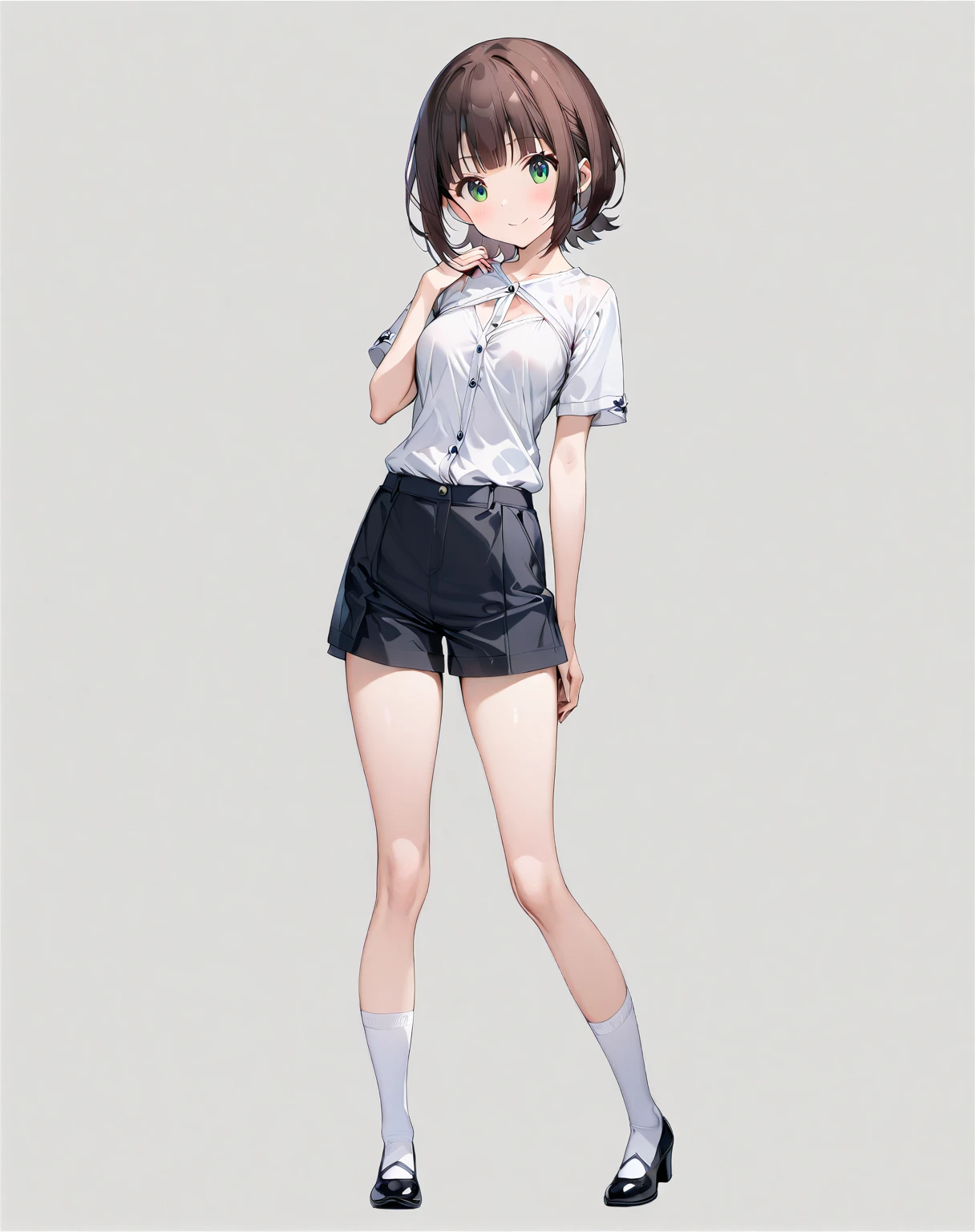 (1 girl),(Alone),

(Amami Haruka )、Amami Haruka、
(masterpiece)、 top quality、 high definition 、 intricate details 、4K、8k、
(Light gray background)、Grey Room、
( from head to toe:1.5、full body view:1.5)、At the center:1.2、

((round face))、(Brighten your face:0.7)、(Big green eyes:1.3)、(非常に detailed face )、(small round hairstyle)、
((( short short hair:2.5)))、(Brown Hair)、(bangs:0.5)、(A small red ribbon in her hair:0.5)、
( detailed face :0.7)、(smile)、
Round Breasts、

 Video 、 slender figure、 PERFECT FIVE FINGERS 、

(fair skin)、 Delicate Smooth Skin 、 beautiful skin、

break
(Formal shirt)、
(cropped pants)、
White knee-high socks、
White pumps、

very short hair, 

looking at viewer, 

Slight Body,
Medium Breasts,
Petite Height,

(Alone Focus:1.0),
(Standing:1.4),
(Seductive pose:0.3),

(Full body Shot:1.2), 
(From the front),

(No background),