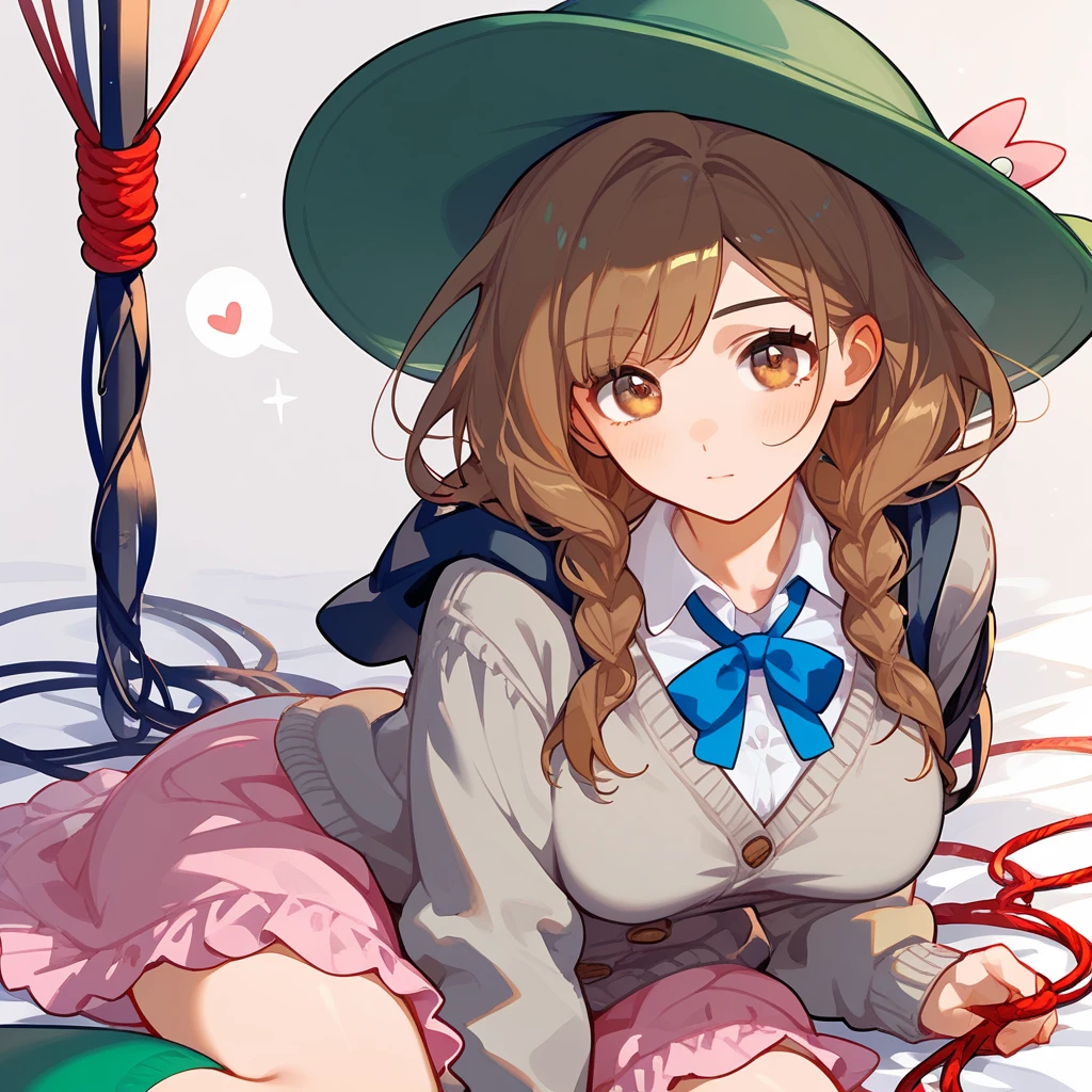 (8k,  top quality,   masterpiece  :1.3), pose, 1 girl in uniform,  very beautiful face  , random expression ,ＪＫ_ style for stilets ,(Age 19),Big Breasts,,nsfw, (pokemon), brown hair, brown eyes, green hat, grey cardigan, hooded cardigan, cable knit, pink dress, green socks, long sleeves, collared dress,