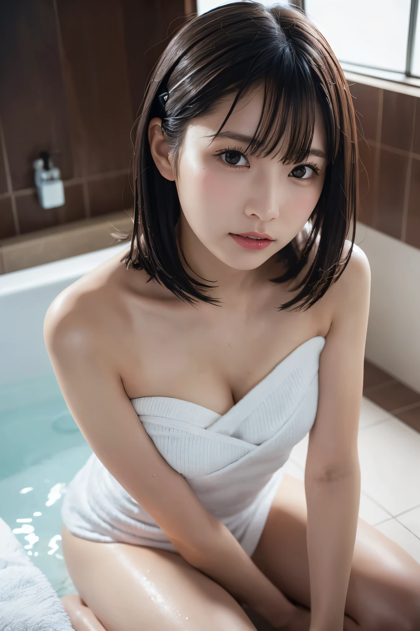 During the bath、Cute women begging for sex、She looks at me with a look that says she wants to be held.、Small bust size、Sculpted body、Moistened skin with lotion、highest quality, Super detailed, cute, Childish expression, Lovely, sexy, device, Very detailed, 4K, 8k, highest quality, 超highest quality, beautiful, Genuineistic, Genuine, Looking up from below, Morning, , beautiful light brown hair, beautiful eyes, short hair, Earrings, Light Smile, blush, Lens flare, Cowboy Shot、Completely naked、Watching the audience、looking at the camera、Hairy pubic hair、Pubic hair is coarse、Sweaty、Temptation Pose、Tears and confusion、Front standing pose、Her breasts are cute、Soft and smooth skin、dentifrice、