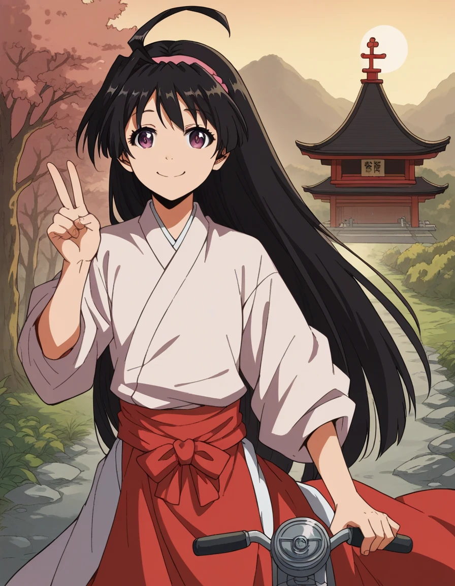  score_9,  score_8_up,  score_7_up,  source_Anime, Mochizuki Ayako,  long hair,  black hair,  purple eyes,  ,  headband,,  skirt, Japanese clothing,  Similarly , Shrine maiden, red  Similarly ,,  riding a bike, countryside, Gravel road, tree々, Afternoon Sun, Peaceful, Alone, smile, , v, v over mouth, Conceit,, Alone,,  cowboy shot,  Dutch Angle 