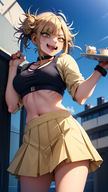 Himikotoganova, ( 1 girl in uniform, Alone), ( perfect eyes),  blonde hair ,  Double Bang ,  messy hair standing in the way, bangs,  Yellow Eyes ,  dark circles under eyes , smile,  open mouth, blue skirt,  Blue Sports Bra ,  watching viewers,  choker