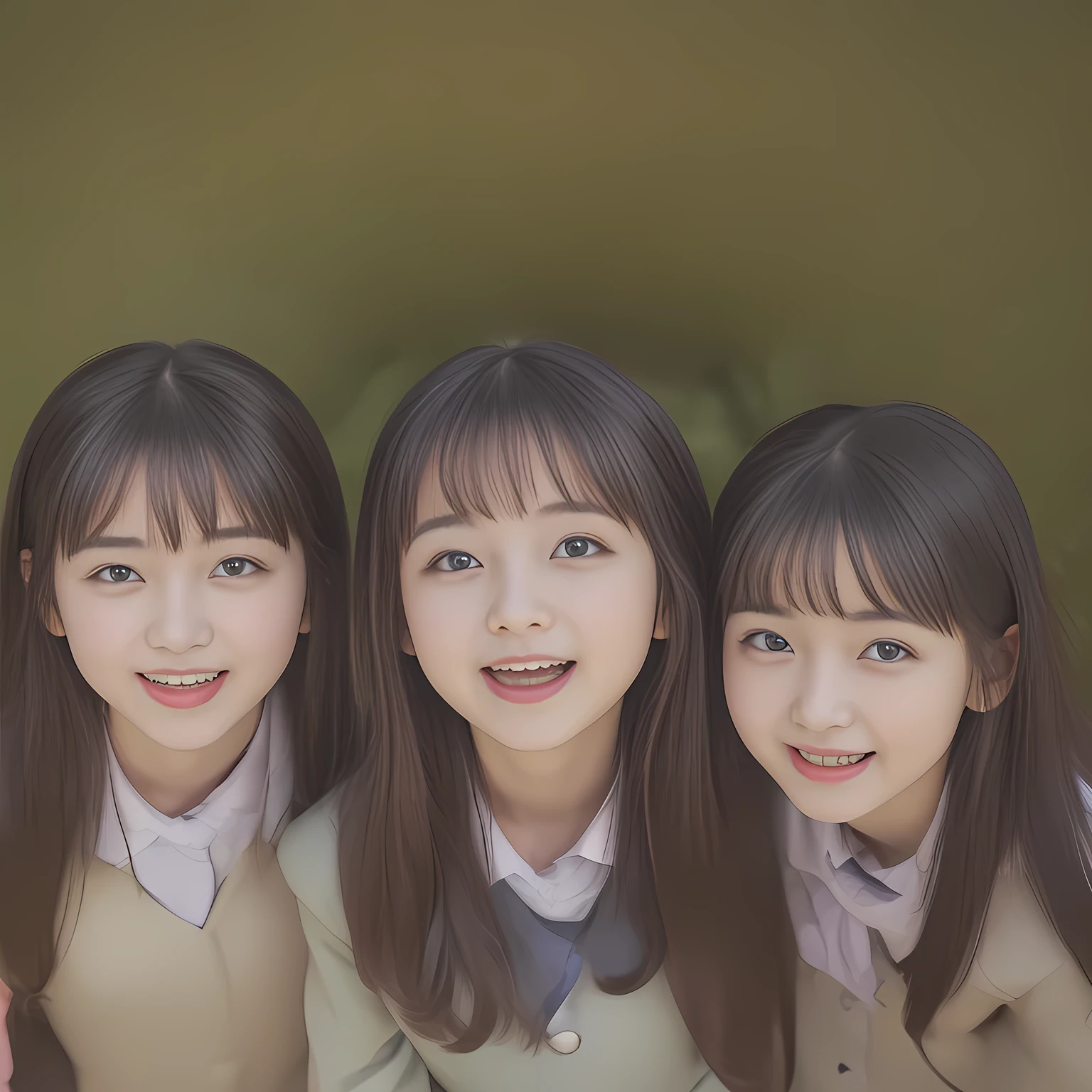 (Highest quality, masterpiece:1.2), Highest quality, High resolution, 1080P, 8k, clearly detailed, (The viewer is located very close to three girls' skirts and is caught between three girls' skirt and looking up the girls' faces from below them close to them. The three girls are bending down deeply because the viewer is small. The girls are looking down directly at the small viewer from over the viewer: 2.0), (Take a close-up shot)