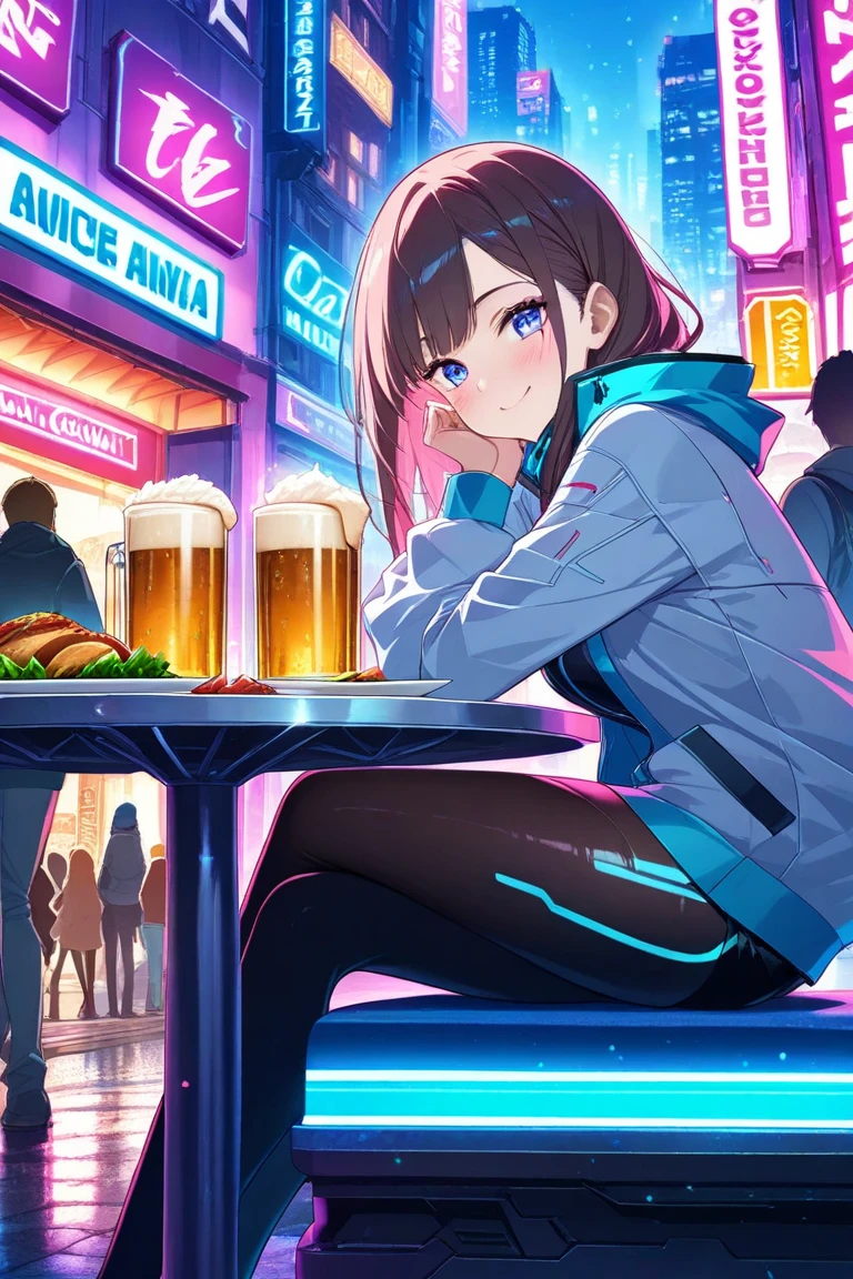  pretty girl, Beautiful Woman with a Plate of Food {x} Holding a Glass Anime Character,multiple girl,  Duo Focus , , sitting , watching viewers , Outdoor Bar ,  Under Neon Lights , cheers, Cheers Together , Under the arms, drinking Beer , Beer ,  Under Neon Lights ,  Cyberpunk Atmosphere ,  neon sign , street, crowd,  masterpiece  ,  top quality,4K UHD,  high detail , scenery,   Extreme Light Glow , , anime cover 