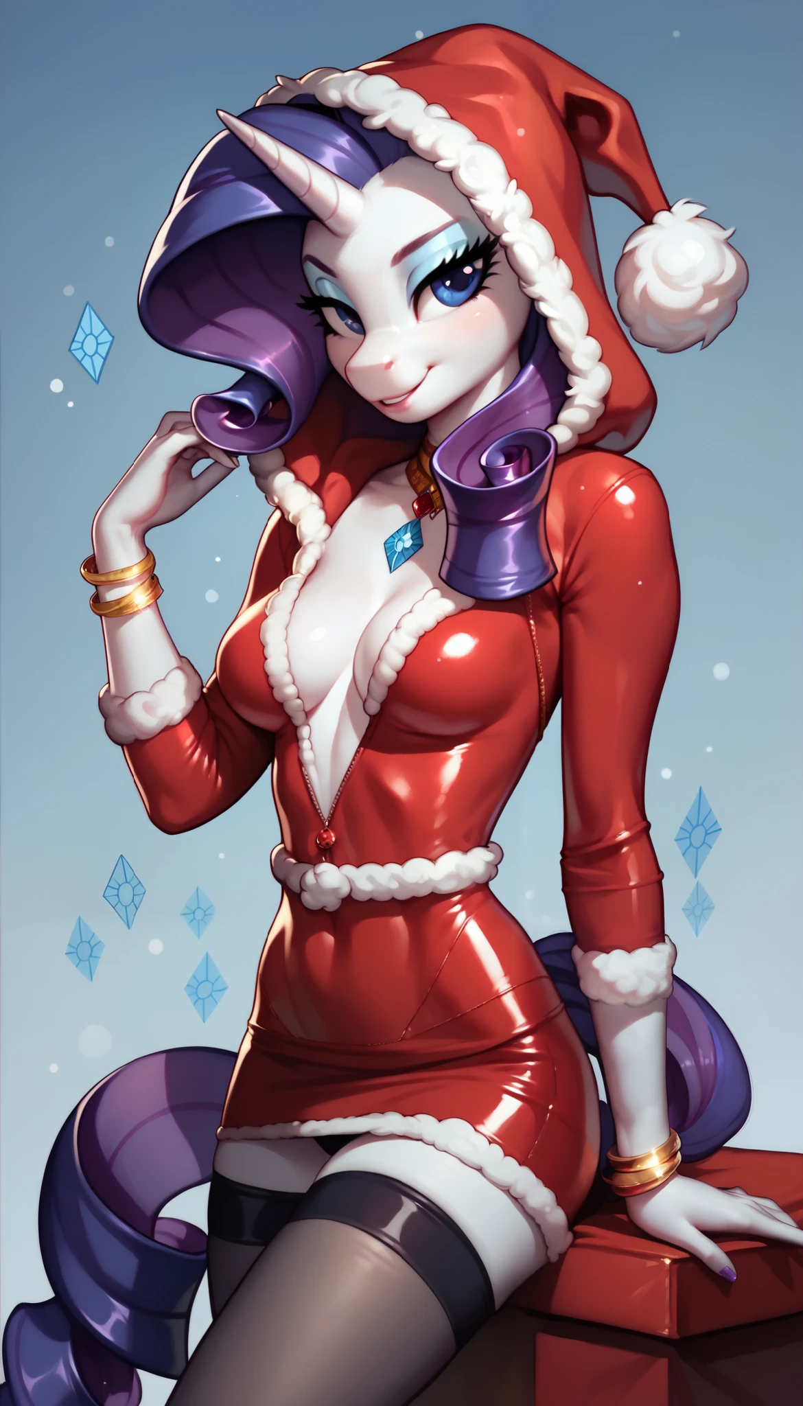 score_9, score_8_up, score_7_up, Rarity, mlp, anthro, 1girl, purple eyes, solo, two curly top hair with hair strands on the side, tight body suit, black elastic stockings, slim breasts, cleavage, jewellery, 1girl, solo, Christmas, (hood with white fur), skirt